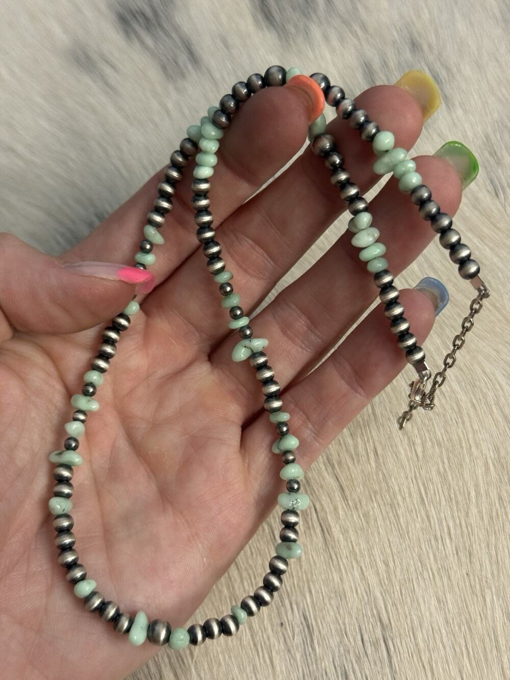 Sterling Silver Green Paloma Turquoise chips Navajo Pearl Necklace 17-19”